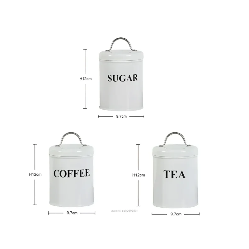 White kitchen canisters with metal handles for elegant coffee tea and sugar storage jars