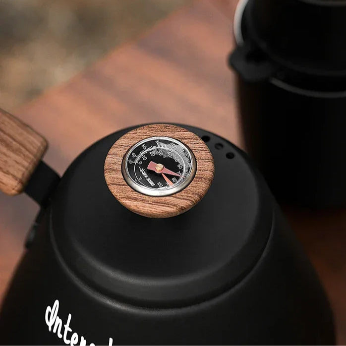Pour Over Coffee Pot with Thermometer Gooseneck Kettle Wooden Handle Coffee Maker for Stovetop Portable Camping Accessories