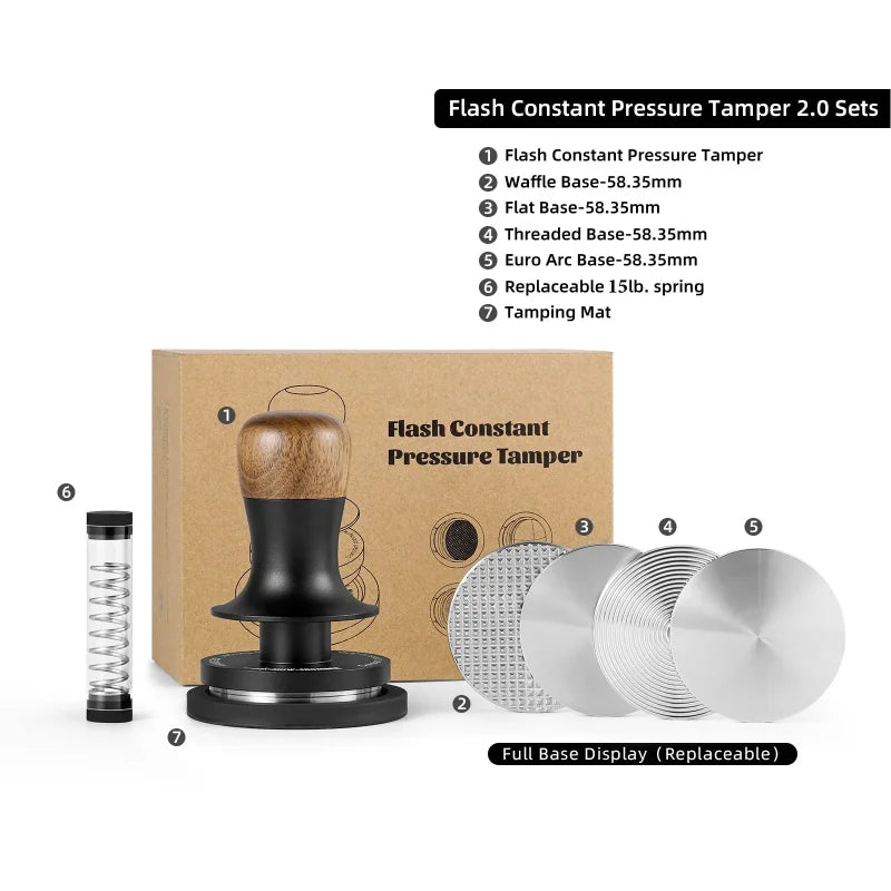 MHW-3BOMBER 30lbs Coffee Tamper with 4 Replaceable Base 58.35mm Constant Pressure Espresso Tampers Barista Tool Cafe Accessories