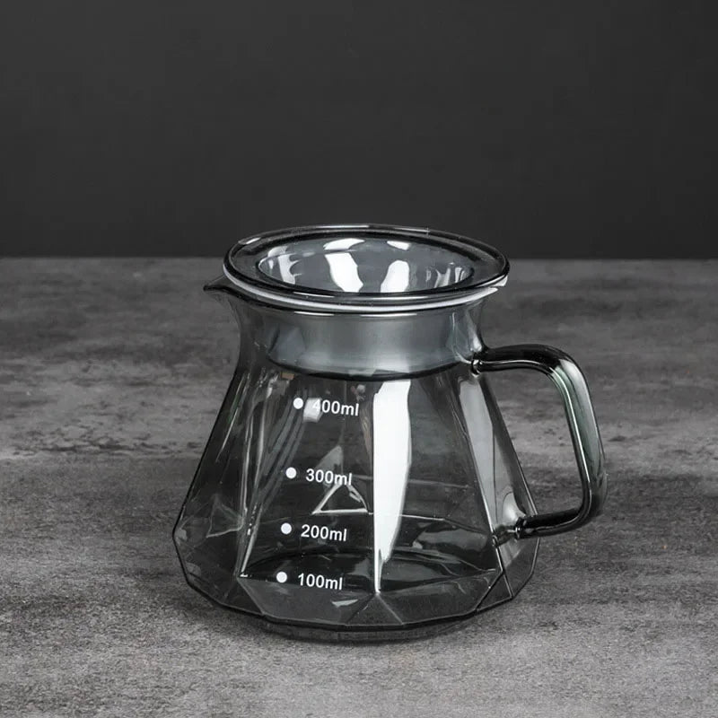 Clear Glass Coffee Carafe, Diamond Shaped Coffee Pot with Reusable Coffee Filter Cup, Standard Glass Coffee Pot