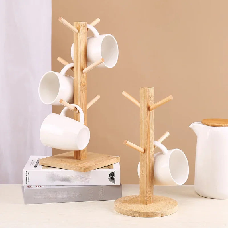 1pc Bamboo Mug Holder Tree - Stylish 6-Hook Coffee Cup and Tea Cup Organizer for Countertop - Space-Saving Coffee Bar Accessory