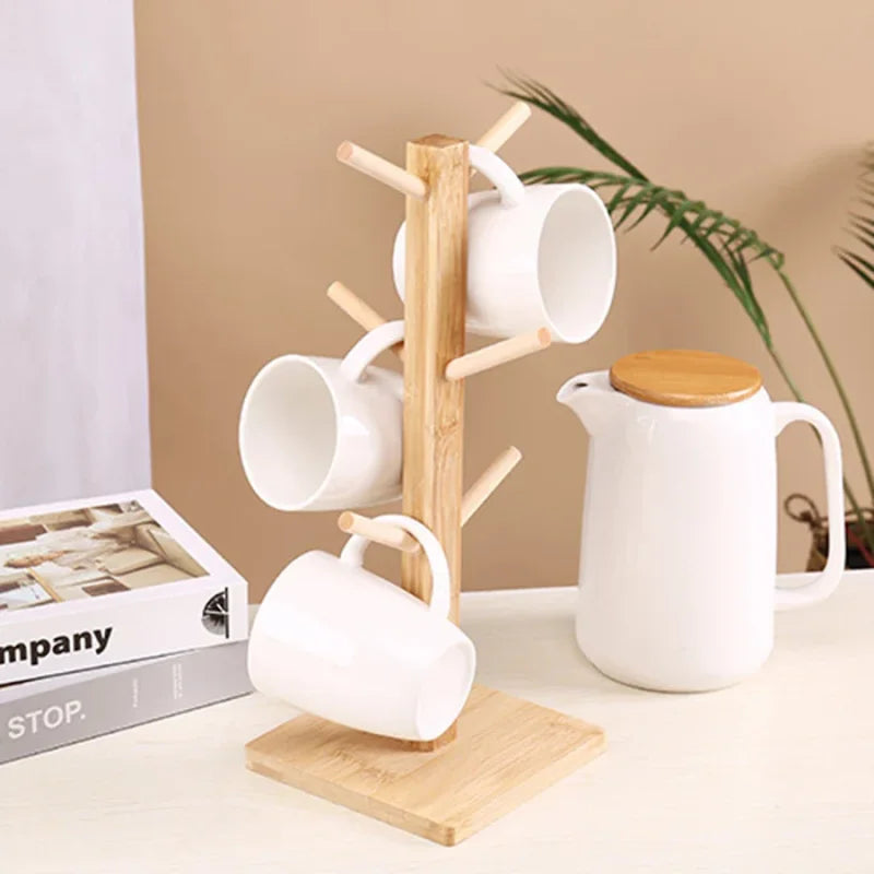 1pc Bamboo Mug Holder Tree - Stylish 6-Hook Coffee Cup and Tea Cup Organizer for Countertop - Space-Saving Coffee Bar Accessory