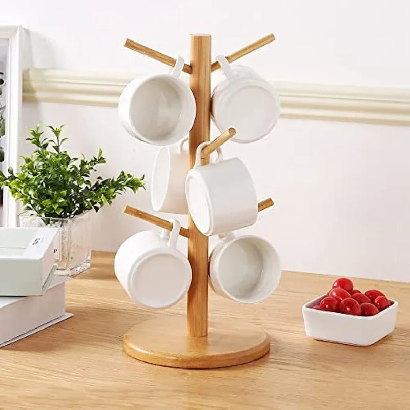 1pc Bamboo Mug Holder Tree - Stylish 6-Hook Coffee Cup and Tea Cup Organizer for Countertop - Space-Saving Coffee Bar Accessory