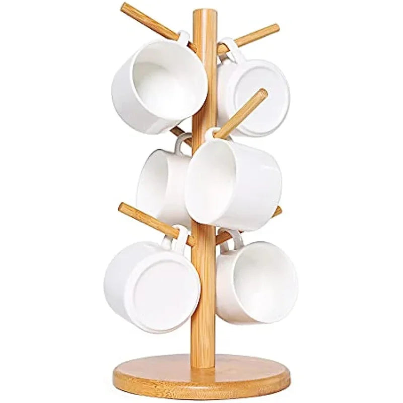 1pc Bamboo Mug Holder Tree - Stylish 6-Hook Coffee Cup and Tea Cup Organizer for Countertop - Space-Saving Coffee Bar Accessory