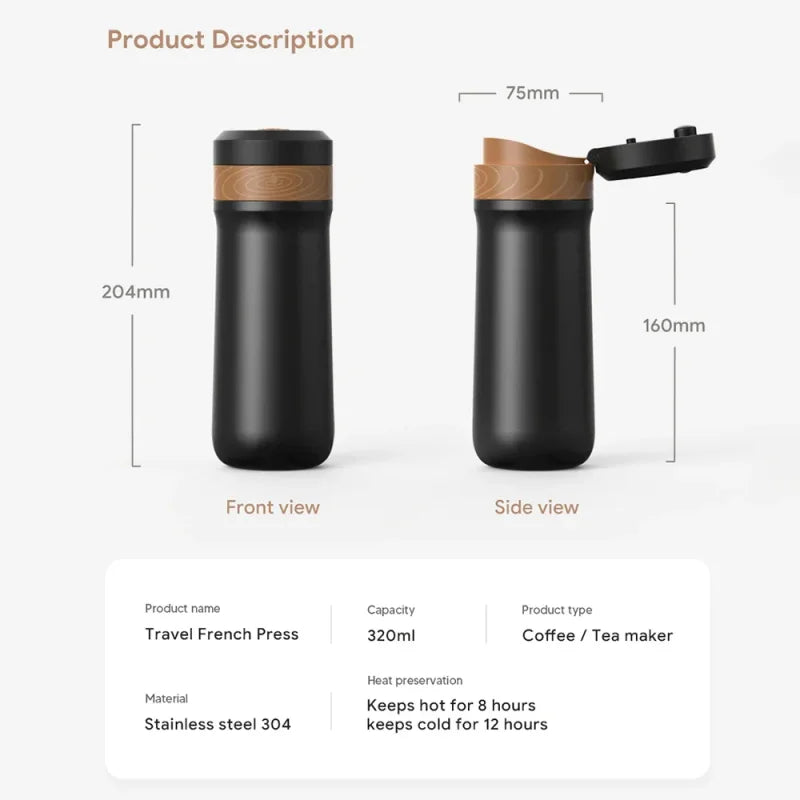 ICafilas 320ml Portable Coffee Pot French Press Coffee Maker Stainless Steel Insulated Travel Mug With Coffee Plunger Filter