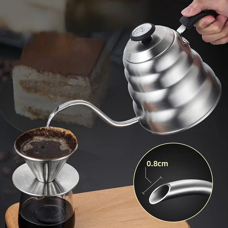 Stainless Steel Pour Over Coffee Pot with Thermometer Swan Long Neck High Capacity Can Be Heated Professional Hand Brewed Coffee