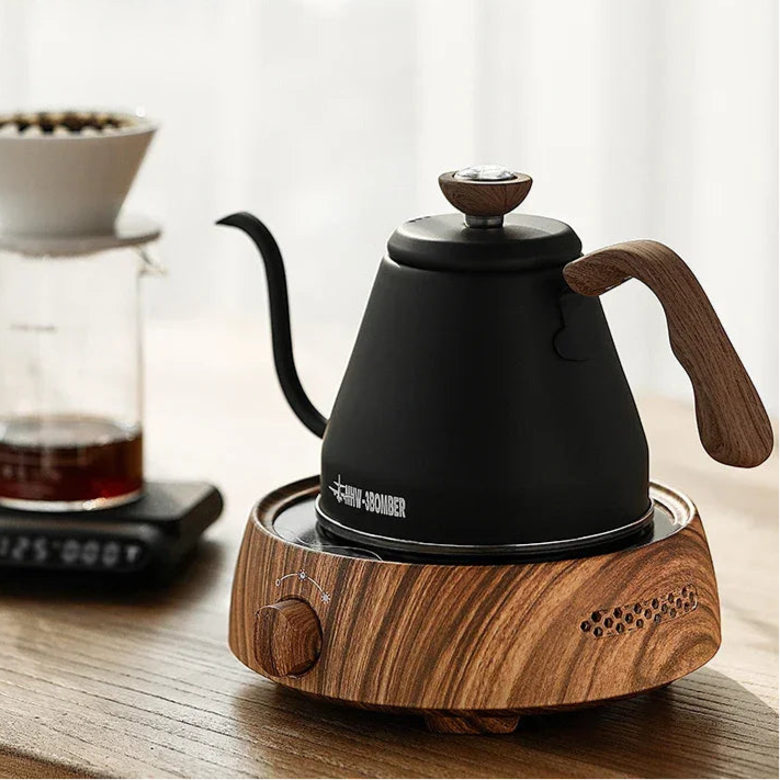 Pour Over Coffee Pot with Thermometer Gooseneck Kettle Wooden Handle Coffee Maker for Stovetop Portable Camping Accessories